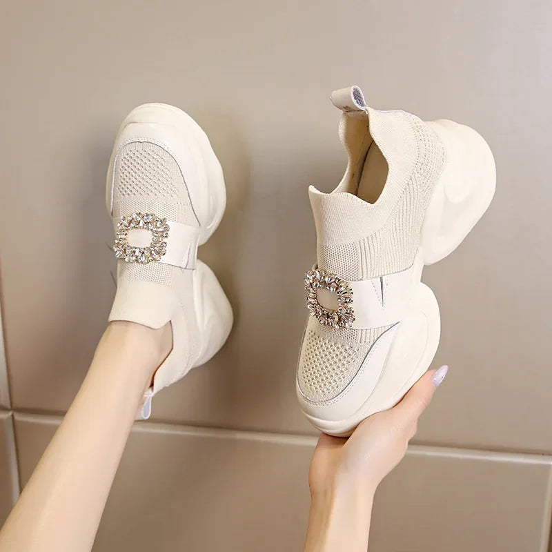 Platform Shoes Women's Spring Summer New Fashion Rhinestone Sports Casual Shoes Slip-On Mesh Breathability Sneakers Women