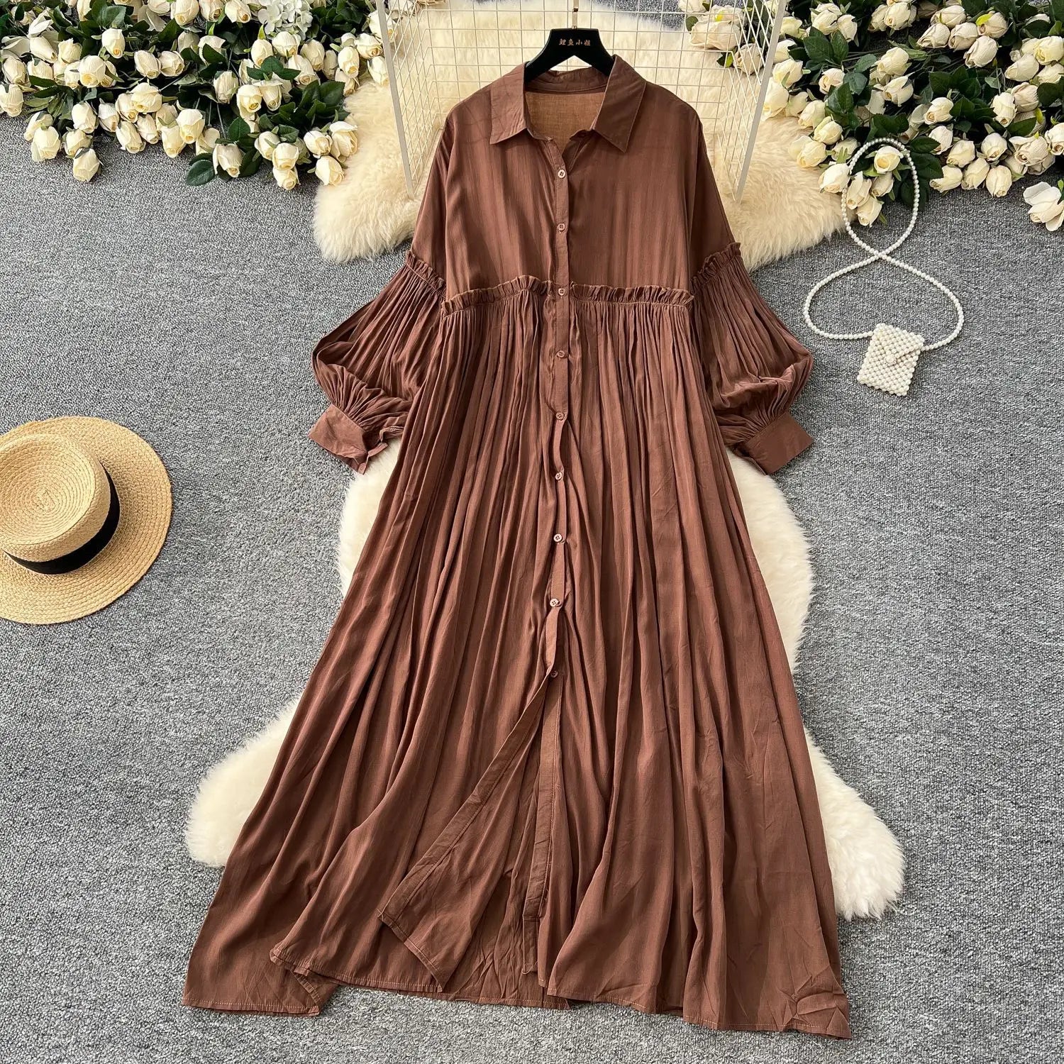 Pleated Dress Women Long Dresses A Line Vestidos Streetwear Lantern Sleeve Elegant Splice Y2k Single Breasted Loose Summer 2025