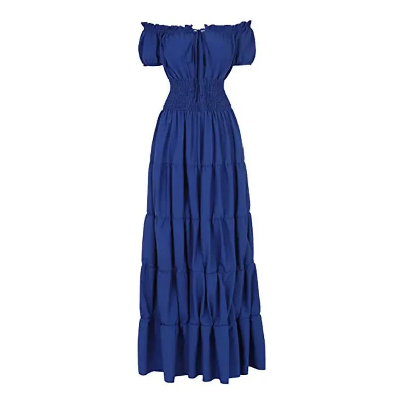 Elegant Medieval Renaissance Dress Boho Short Sleeves Off Shoulder Smocked Waist Retro Pleated Long Dress Costume Gown