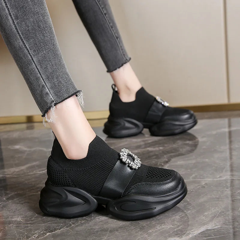 Platform Shoes Women's Spring Summer New Fashion Rhinestone Sports Casual Shoes Slip-On Mesh Breathability Sneakers Women