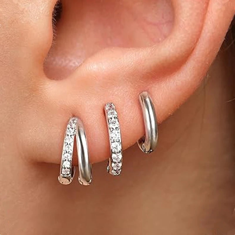 3PCS Sets Stainless Steel Square Zirconia Hoop Earrings For Women Daily Life Cartilage Stud Earrings Piercing Jewelry Gift