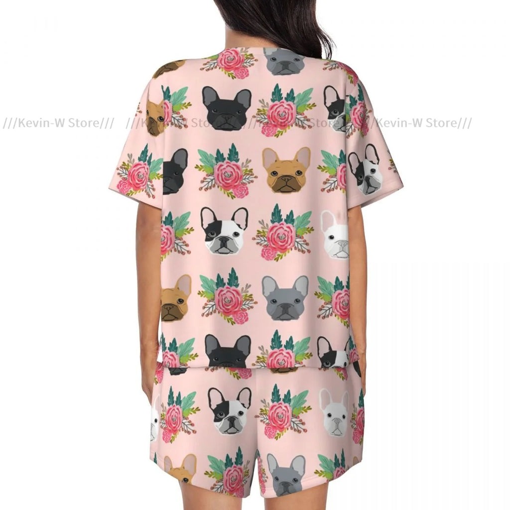 Women Pajamas Set Short Sleeve French Bulldog Flowers Florals Dog Sleepwear Loungewear for Summer Nightwear