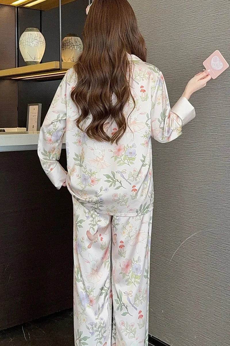Print Flower 2PCS Top&pants Pajamas Lady Sweet Cute Home Clothes Spring Summer New Pijama Mujer Sexy Loose Sleepwear Women Pjs