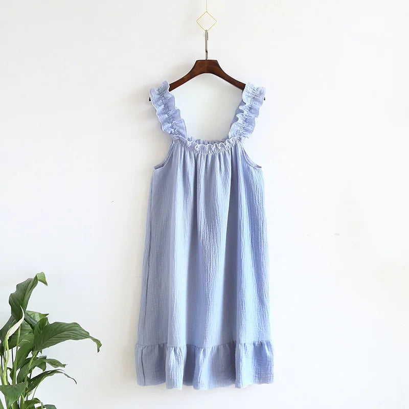 2026 new women's summer cotton yarn, pure cotton suspender sleepwear loose medium to long sweet and cute long skirt home wear