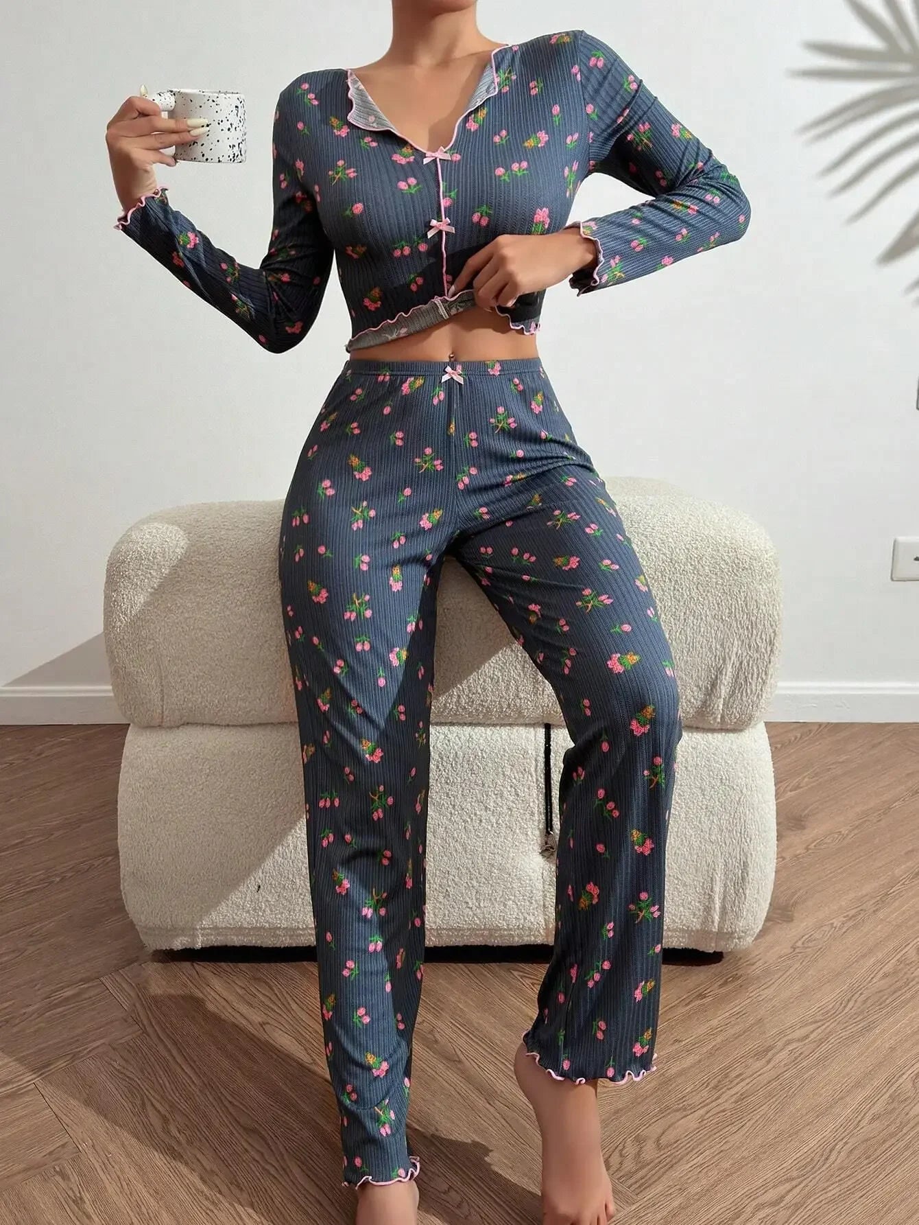 Y2K Cute Floral Ribbed Pajama Set Womens Long Sleeve V Neck Two Piece Sleepwear Homewear Autumn Winter Bow Lettuce Trim New Hot