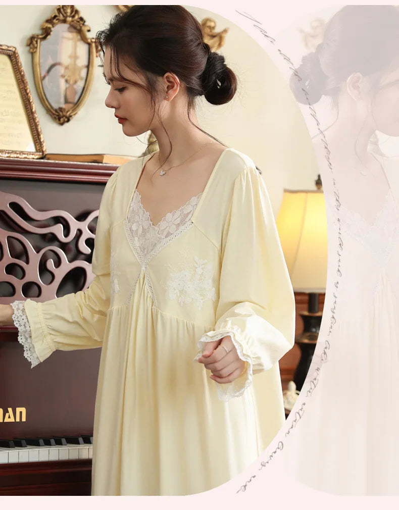 Vintage Victorian Nightgown Women Lace Embroidered Palace Style Princess Sleep Dress Cotton Soft Romantic French Loungewear