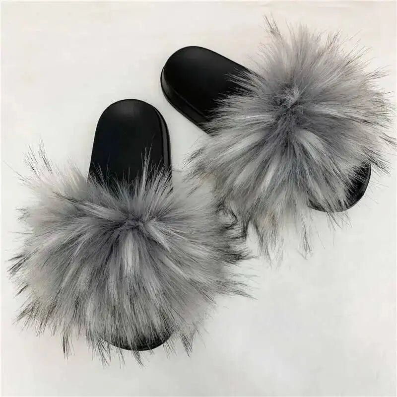 Ladies Fluffy Slippers Summer Women Faux Fur Soft Slides Stylish Open Toe Sandals Outdoor Indoor Furry Comfortable Beach Shoes