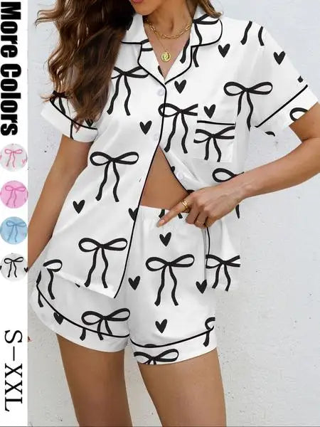 Women's Bow Print Pajama Set, Casual Shirt Collar Soft Top & Elastic Shorts, Comfortable Home Wear for All Seasons