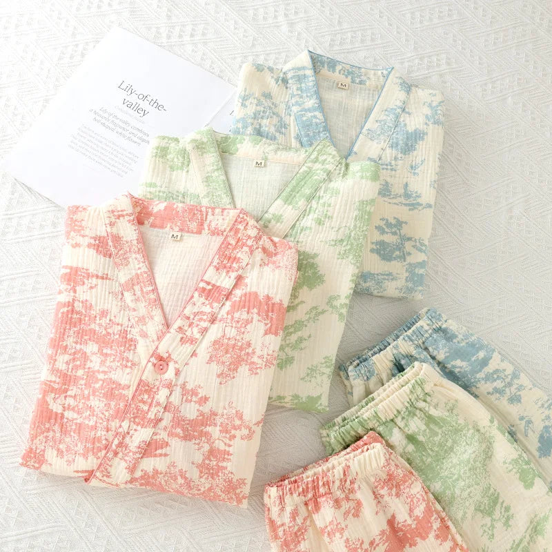 Spring /Autumn Chinese Style Pajamas for Women Cotton Gauze Lace-up Long-sleeved Pants Elegant Home Clothing Kimono Home Clothes
