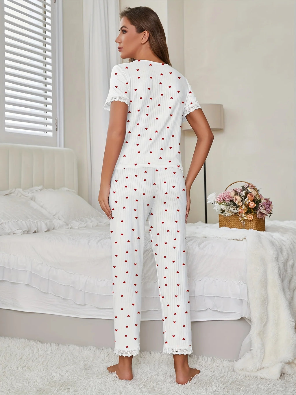 Autumn Winter Cherry Print 2 Pieces Pajamas Set for Women Sleepwear Lace Trim Short Sleeve Top and Trousers Homewear