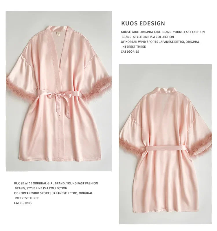 Wedding Bride Bridesmaid Robe Satin Kimono Intimate Lingerie Lady Sexy Feather Sleeve Bathrobe Nightgown Short Sleepwear Onesize