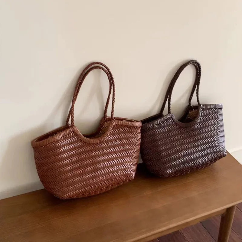 French Hand-woven Women's Tote Bag Large Vegetable Basket Bag With Casual Shopping Woven Inside Bag Shoulder Underarm Tote Bag