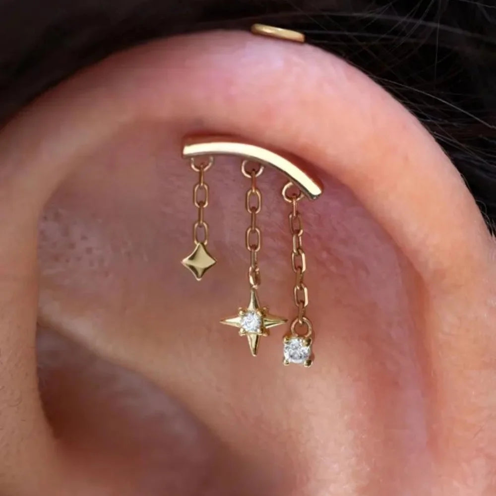 CANNER 1PC 925 Sterling Silver Eight-pointed Star CZ Piercing Earring For Women Ins Tassel Chain Stud Earring Party Fine Jewelry