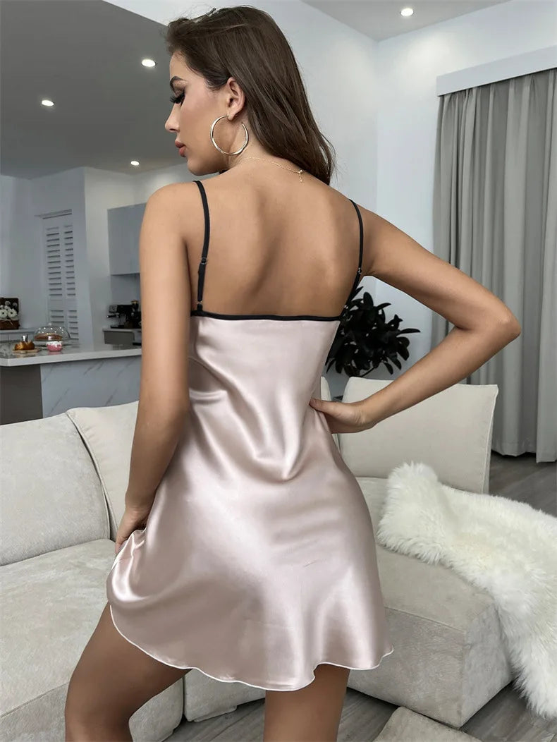Sexy V-Neck Nightdress Print Flower Suspender Nightgown Summer New Female Sleepwear Bathrobe Gown Silk Satin Home Dressing Gown