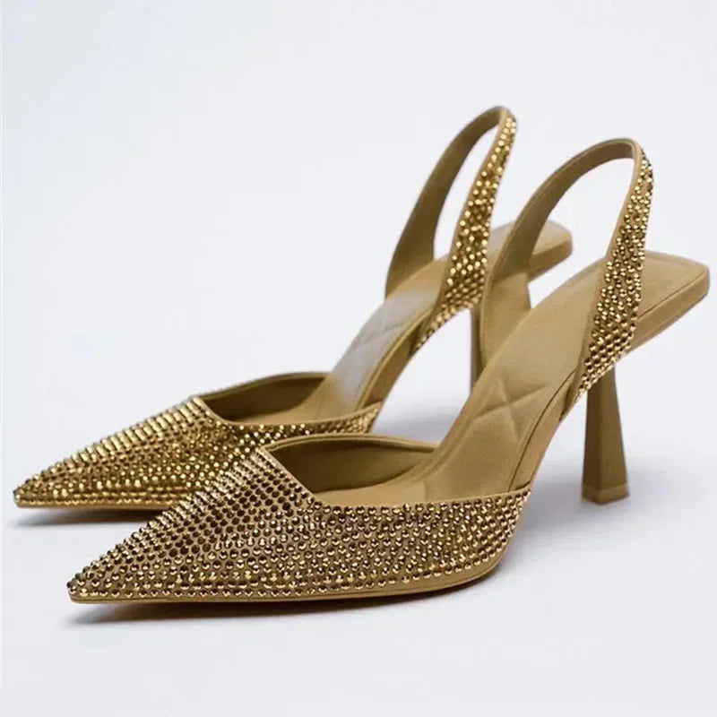 2025 Summer New Brand Women Sandals Fashion Crystal Buckle Slingback High Heels Party Elegant Gold Woman Shoes Sexy Pumps