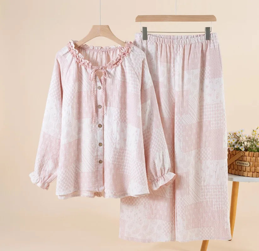 Cottagecore Romantic Pajama Set Women Soft Cotton Gauze Ruffle Neck Loungewear Sweet Patchwork Print Sleepwear 2 Piece Suit