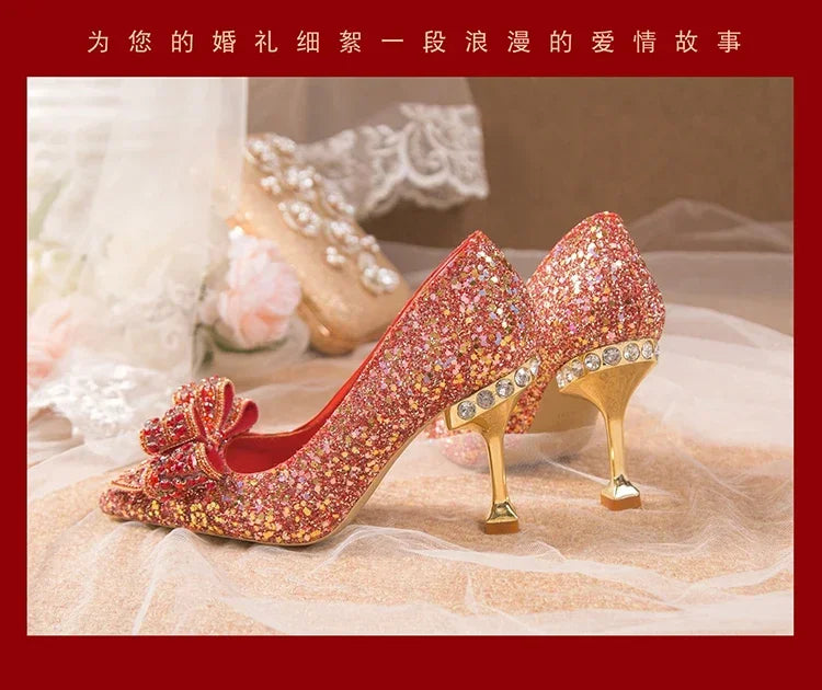 New  Women's Rhinestone Wedding Shoes Year Shoes Luxury Buckle Decorative Banquet Women's Shoes High Heels Gold Silver Red
