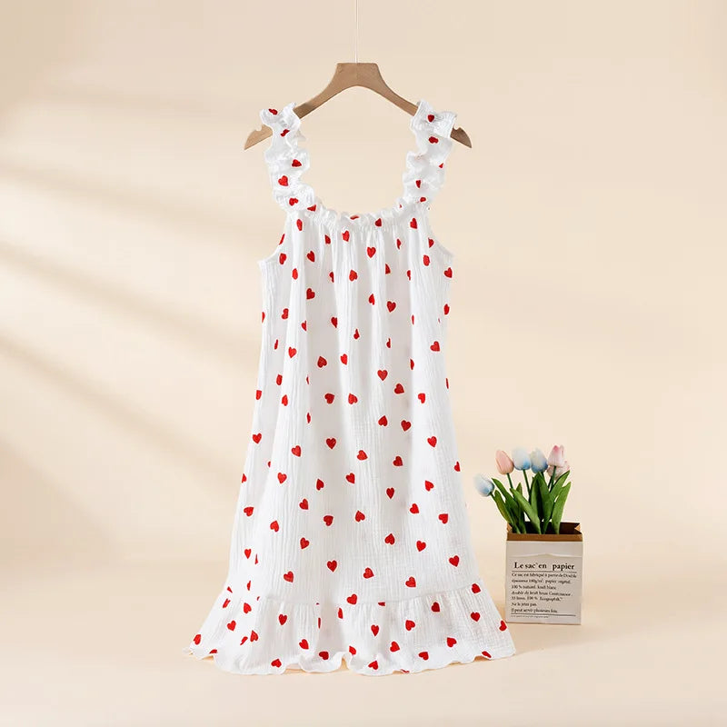 2026 new women's summer cotton yarn, pure cotton suspender sleepwear loose medium to long sweet and cute long skirt home wear