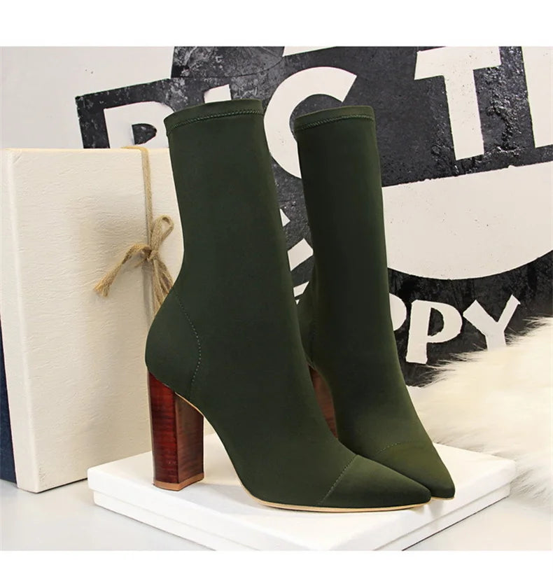 Mid-Calf Boots 2024 New Women Stretch Sock Boots Chunky Block Heels High Heels Silk Shoes Solid Color Short Boots Autumn 3129-3