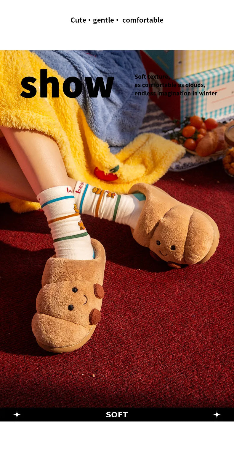 Cute Cartoon Fluffy Slippers For Women Men Winter House Shoes Furry Croissant Bread Style Anti-slip Couples Home Cotton Slides