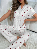 Lace Trim Women Pajama Set Short Sleeve Front Button Top & Full-Length Pants Cherry Print 2 Pieces Sleepwear Nightwear Homewear
