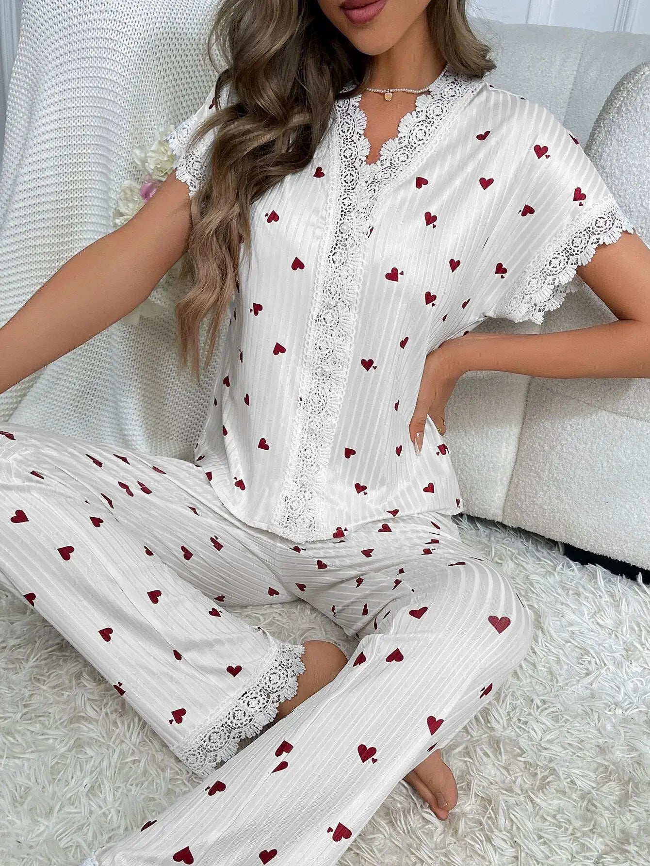 Lace Trim Women Pajama Set Short Sleeve Front Button Top & Full-Length Pants Cherry Print 2 Pieces Sleepwear Nightwear Homewear