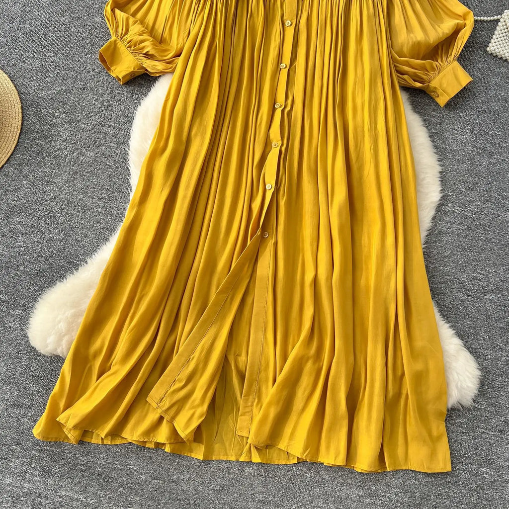 Pleated Dress Women Long Dresses A Line Vestidos Streetwear Lantern Sleeve Elegant Splice Y2k Single Breasted Loose Summer 2025