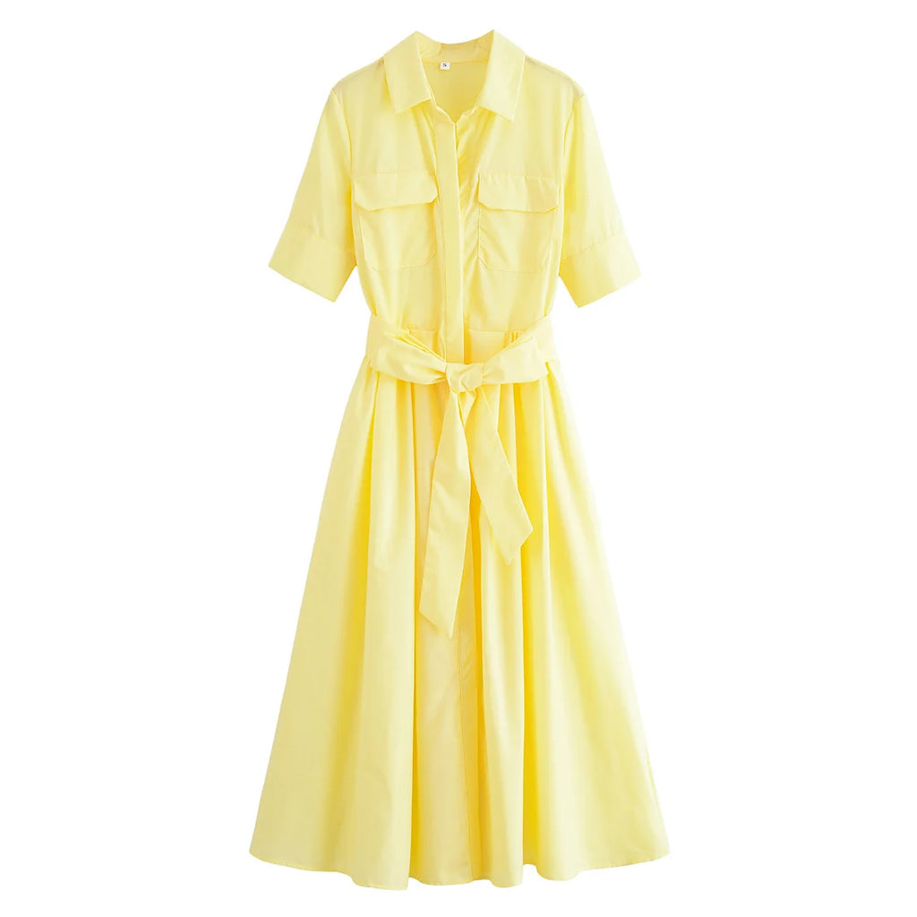 HH Women Summer Lapel Short Sleeve Pocket Single-Breasted Belt Decorate Midi Dress Female Fashion Shirt Style Pleated Dress