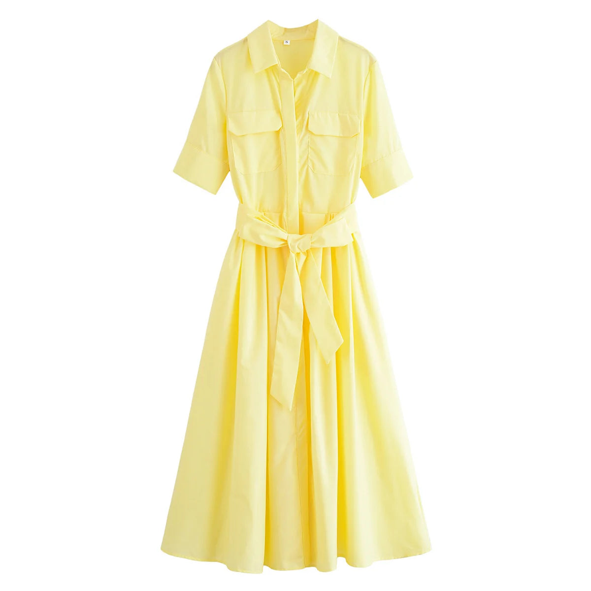 HH Women Summer Lapel Short Sleeve Pocket Single-Breasted Belt Decorate Midi Dress Female Fashion Shirt Style Pleated Dress