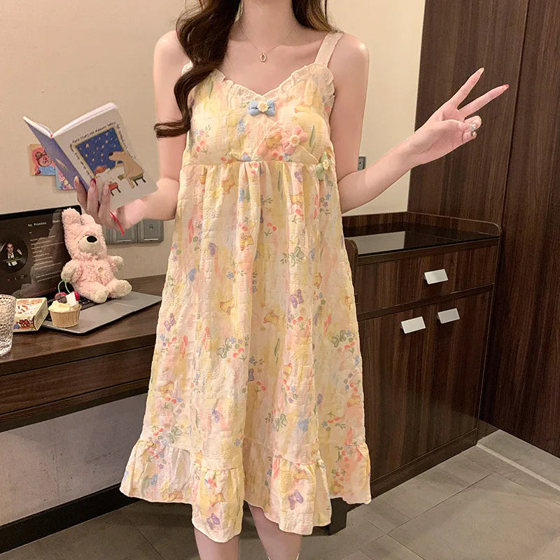Sweet Lace Ruffle Sleepwear Woman Korean Fly Sleeves Summer Nightgown with Cheat Pad  V-neck Pajamas Dress Sleeping Home Clothes