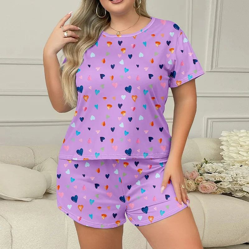 5XL Plus Size Women Pajama Set Print Sleepwear Short Sleeve Top with Shorts Summer Comfy Sleepwear 2 Pieces Loose Home Clothes