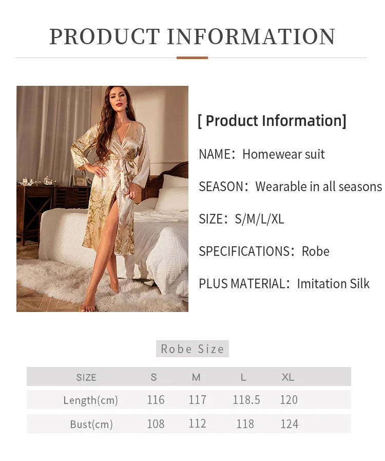 2025New Silk Kimono Robe for Women Floral Print Long Sleeve Lightweight Sexy Sleepwear Lace Up Bathrobe
