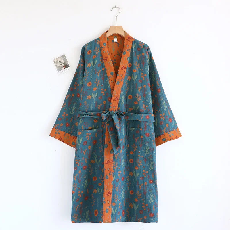 Spring Summer Yukata Print Flower Cotton Robe Sleepwear Female Japanese Retro Kimono Bathrobe Loose Casual Home Dressing Gown