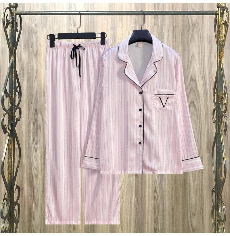 Women Striped Satin Pajama Set Autumn Cardigan Long Sleeve Pants Loose Casual Wear Fashion Classic Pink sleepcoat Two Piece Set