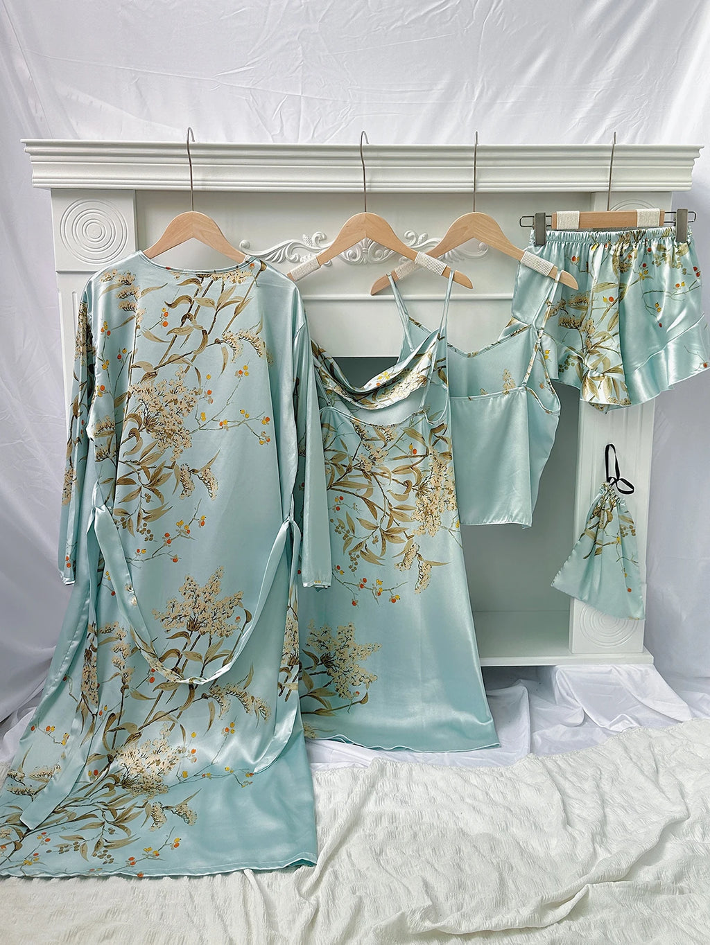 5pcs Floral Print Long Sleeve Robe Cami Dress Cami Top Ruffle Hem Shorts Simple Pajamas Sets for Women