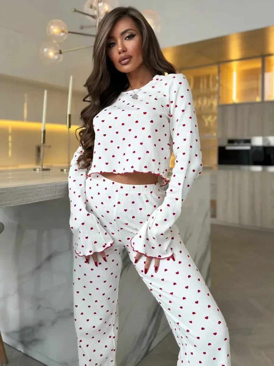 Autumn Winter Pajama Set Women 2pcs Y2K-Style Cherry Print Cuffed-Long-Sleeve Tops and Long Trousers Sleepwear Homewear