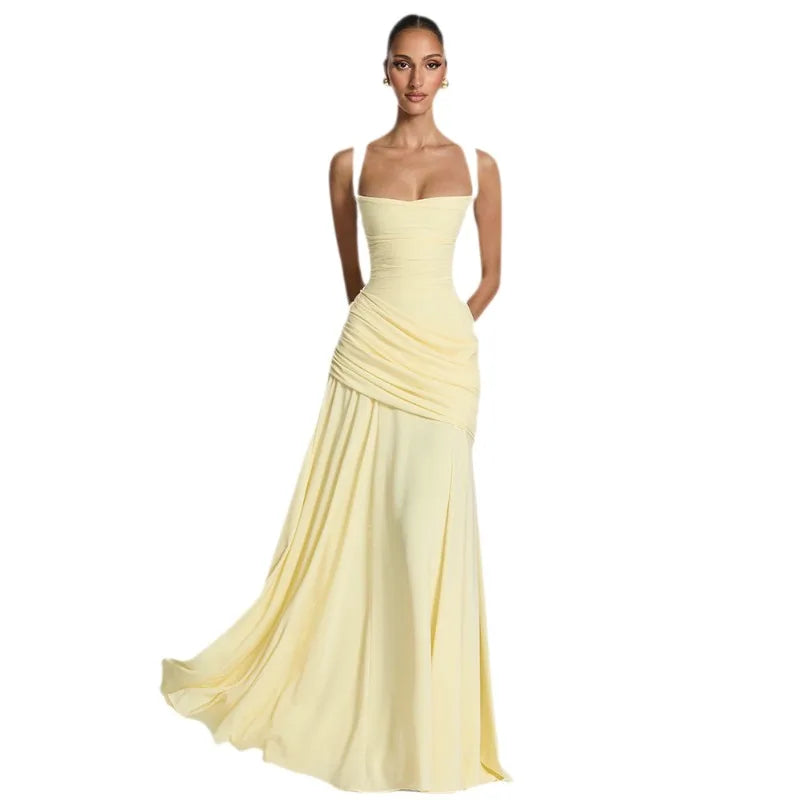 Women Yellow Low Cut Backless High Waisted Dress Cincher Spaghetti Strap Vestidos Party Club Women Robe Elegant Evening Dress