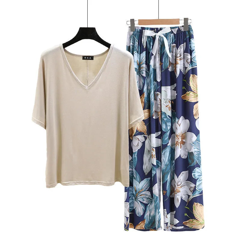 V Neck Tshirt with Poplin Floral wide leg pants summer cool pajamas sets Loose casual homewear suit Rayon Loungewear all match