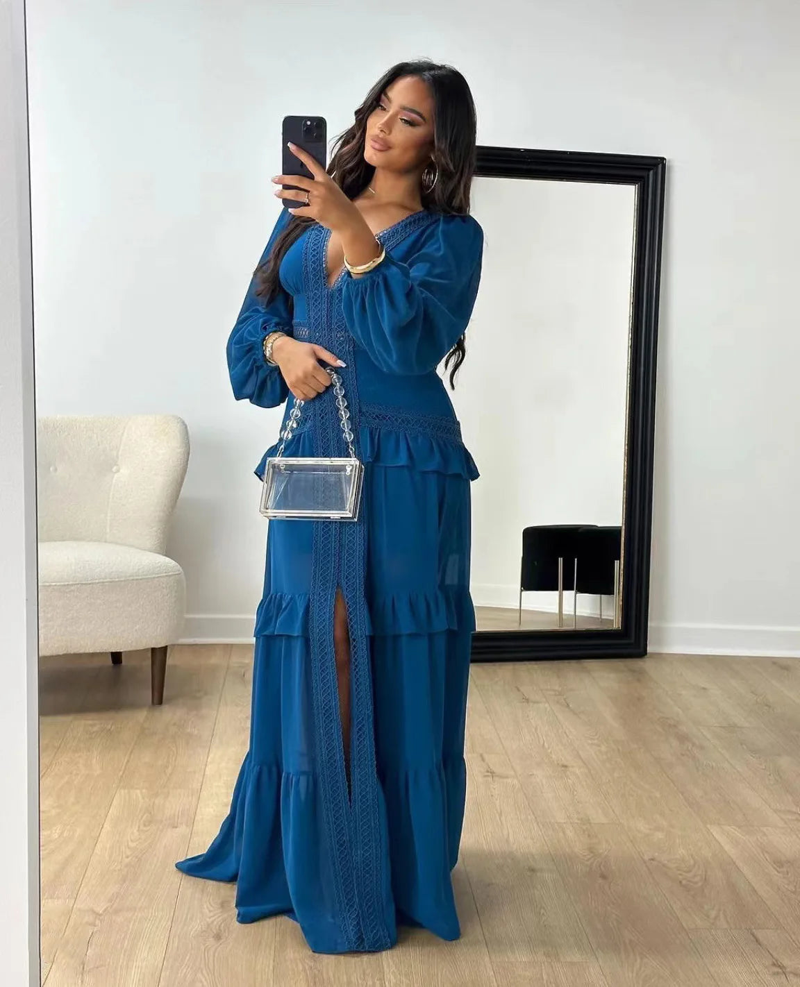 Elegant Womens Maxi Dress Ruffles Long Sleeve Hollow Out Evening Dresses Party Chic Robe Green Blue Purple New In Holiday Summer