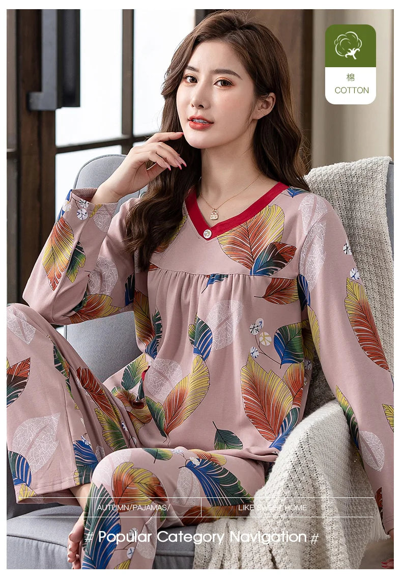 Pajamas Sets Women Floral Cotton Fashion Lace Women Long Sleeve Sleepwear Suit 2 piece Sexy Autumn Home Lounge Gift XXXXL