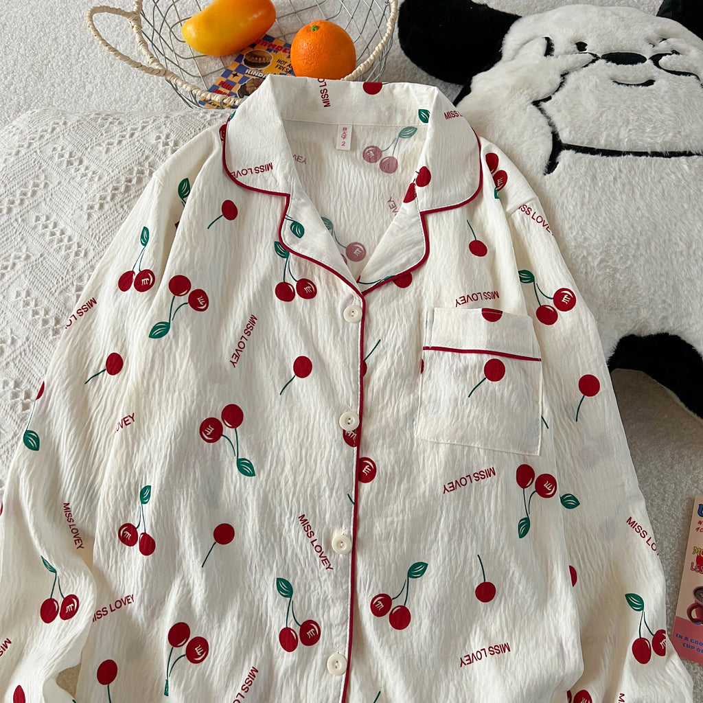Cherry Print Women's Pajamas Set Fall Spring Plaid Print Loungewear Long Sleeve Cardigan Top and Pants Home Sleepwear