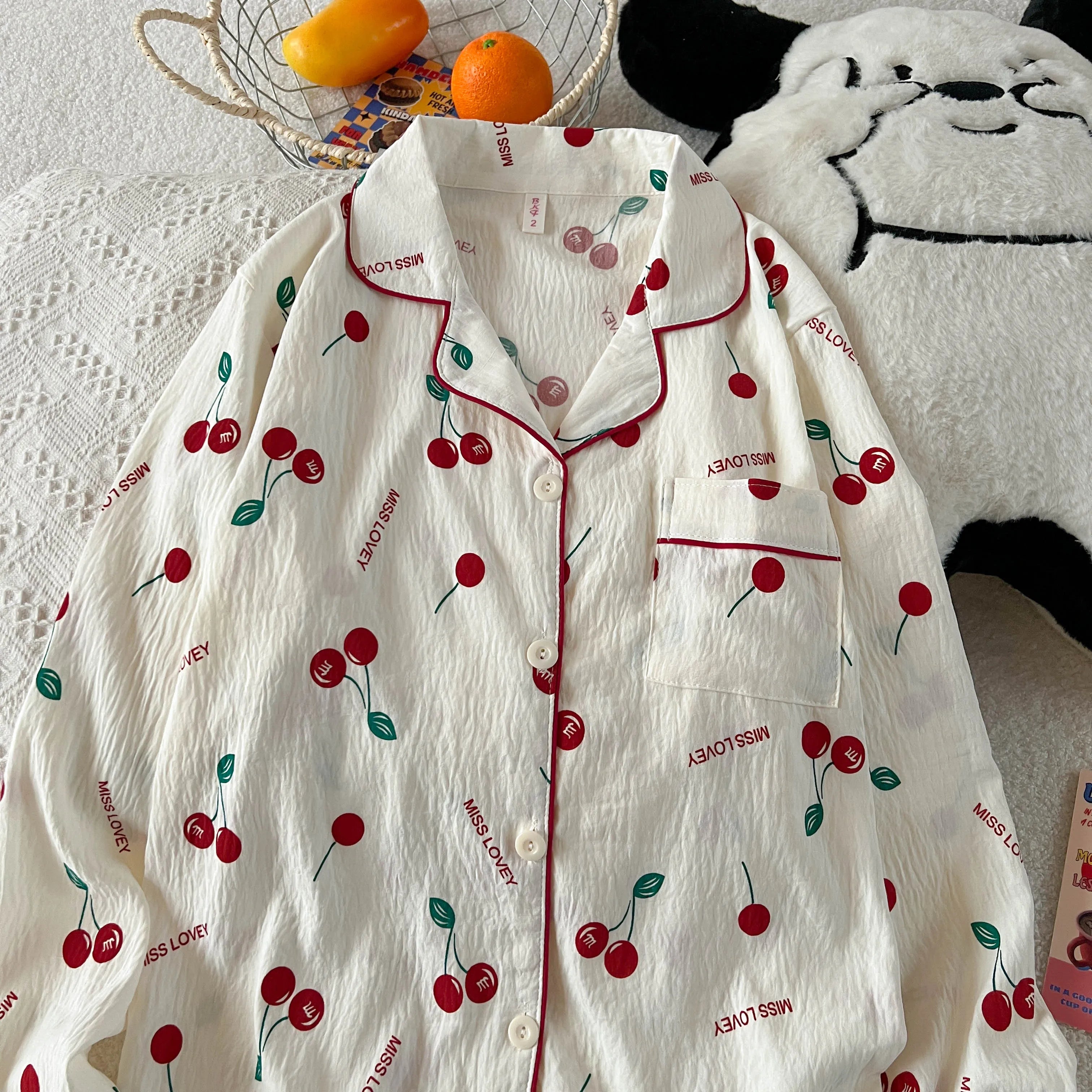 Cherry Print Women's Pajamas Set Fall Spring Plaid Print Loungewear Long Sleeve Cardigan Top and Pants Home Sleepwear