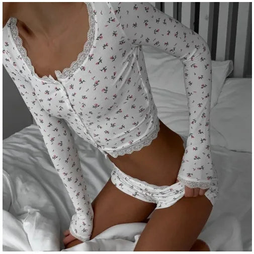 New Arrival: Cottagecore Floral Lace-Trimmed Button-Up Top & Matching Shorts Sleepwear Set