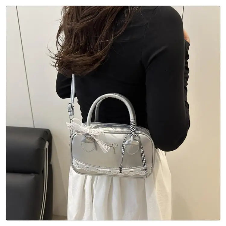 Simple Elegant Handbag Boston Shoulder bag Lace Ribbon Bow Decor Crossbody Bag Small Square Bag Casual Women Bags ﻿