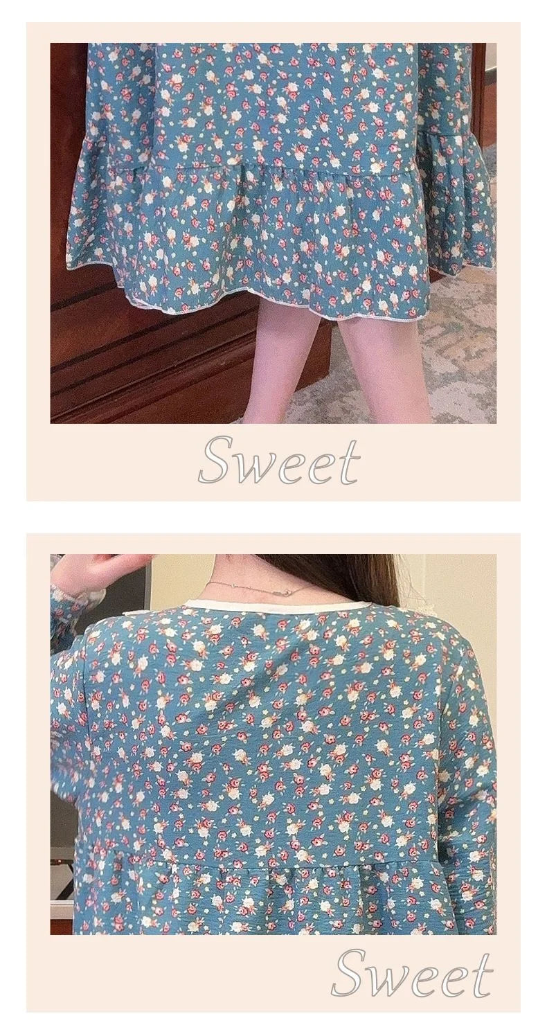 2026 Comfy Long Sleeve Home Dress, Women's Floral Print Loungewear for Spring Autumn, Oversize Sweet Korean Style