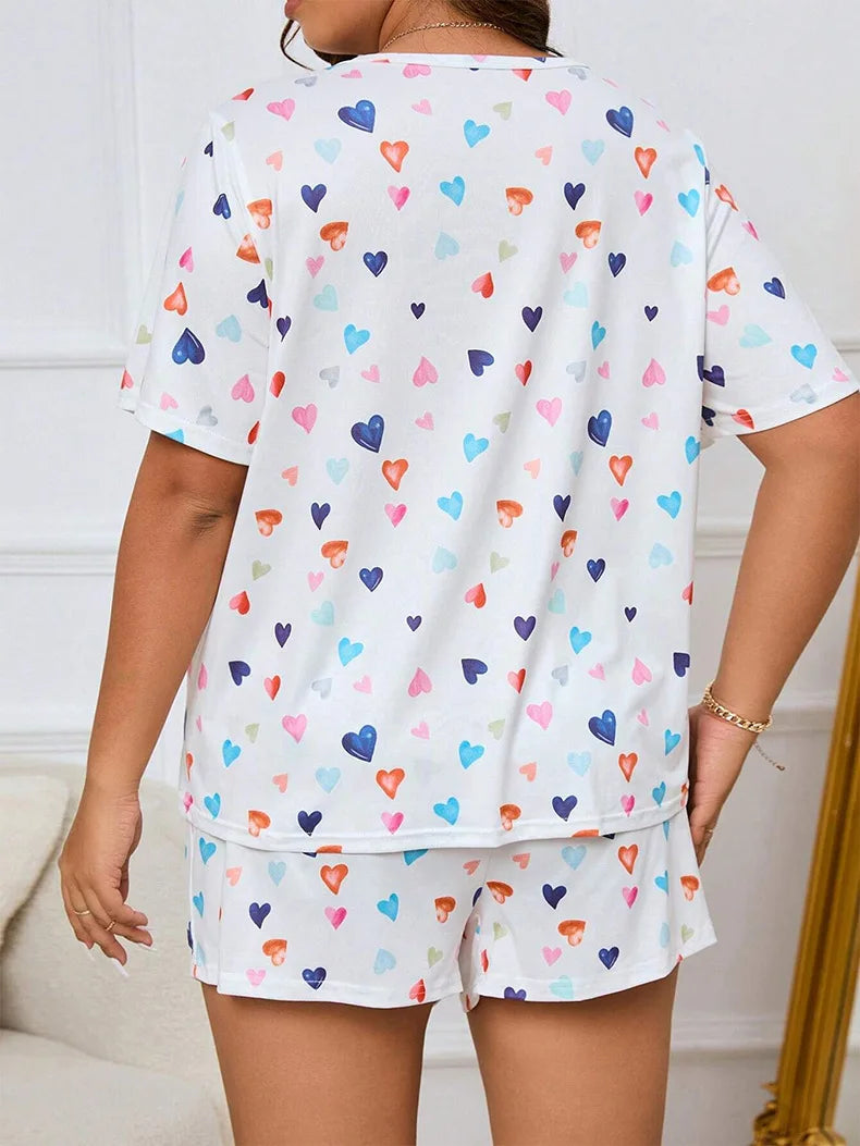 5XL Plus Size Women Pajama Set Print Sleepwear Short Sleeve Top with Shorts Summer Comfy Sleepwear 2 Pieces Loose Home Clothes