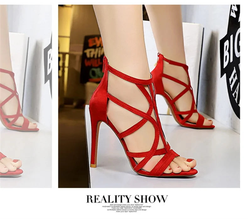 Women Roman style Thin High Heels Pumps Pointed Toe Suede Hollow Strap Party Shoes Solid Solid Ankle Zip Summer Sandals