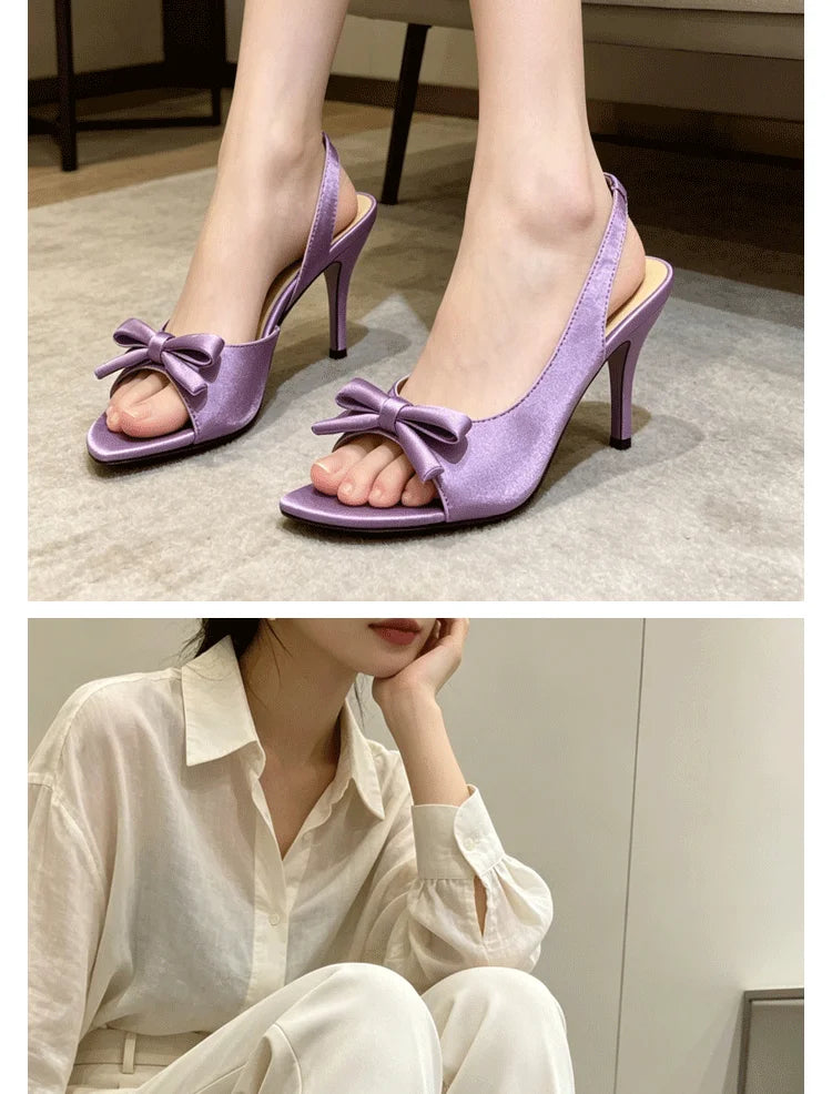 Lilac Purple Women's Fashion Sandals Backless Knot Toe Exposure Silk Satin High Heels Elegant Lady Style Shoes Increased Height