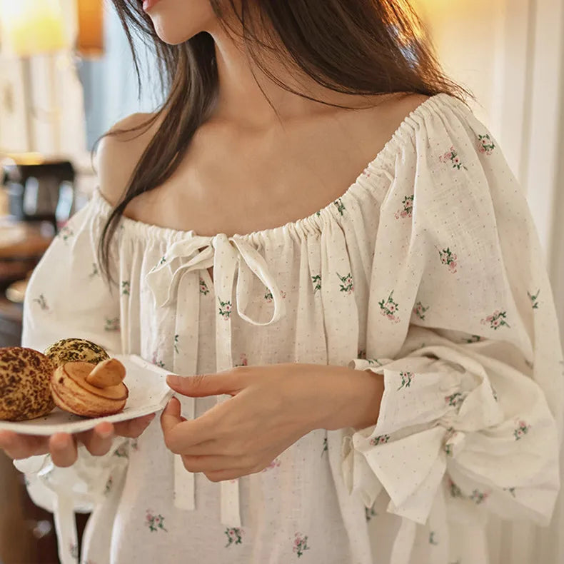 Women Sweet Printed Full Sleeves Nightdress French Sexy Loose Long Mid-Calf Nightgowns 100% Cotton Comfortable Sleepwear Nightie
