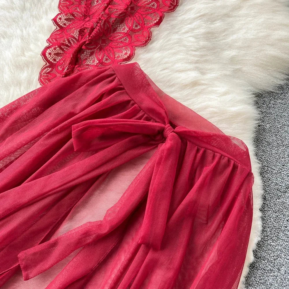 new Women's Multicolour Transpar Sexy Charming Flowing Mesh Long Skirt With Girls V-neck Lace Hollowed out Flower Top Two Pieces